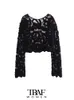 Women's Sweaters TRAF Women Fashion Cropped Semi-sheer Crochet Knit Sweater Vintage O Neck Long Sleeve Female Pullovers Chic Tops 231201
