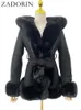 Womens Fur Faux ZADORIN Winter Coat Women Furry Hood Suede Black With Belt Thick Warm Cardigan Jackets for 231202