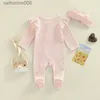 Kleidungssets 0-9M Neugeborenes Baby Mädchen Kleidung Rüschen Baby Sleeper Reißverschluss Footie Strick Strampler Spielanzug Overall mit Stirnband Outfit 2 StückL231202