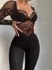 Women's Jumpsuits Rompers Lace Jumpsuit Women Spring Summer Overalls Elegant Long Skinny Bodysuit Black V-neck Mesh Elegant Tube Sexy Party Night Evening T231202