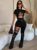 Women's Two Piece Pants Akaily Black Hollow Out 2 Sets Summer Outfits For Women 2023 Y2k Streetwear Skinny Casual Flare Suits