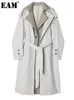 Trenchs de femmes EAM Femmes Gris Couleur-Bloc Grande Taille Trench Revers Manches Longues Coupe Ample Coupe-Vent Mode Printemps Automne 1DE6476 231201