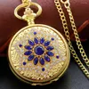 Pocket Watches Luxury Blue Rhinestone Gold Chain Quartz Watch Vintage Men's And Women's Necklaces Pendant Jewelry Clock Gift