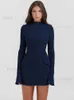 Urban Sexy Dresses Elegant Dark Blue Solid High midja Mini Dress Women Fashion Pocket Decora Långärmad kroppskonklänningar 2023 Chic Party Club Robes T231202