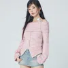 Women's Knits Sweet Pink Off Shoulder Knitted Cardigan 2023 Autumn Slim Fit Button Tops Women Y2k Grunge Long Sleeve Sweaters Mujer