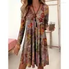 Freizeitkleider Damen Vintage Print 2024 Frühling Herbst Strand V-Ausschnitt Langarm Lose A-Linie Kleid Robe Weibliche Kleidung 3XL