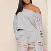 Women's Two Piece Pants 2023 Womens Pant Sets Light Gray Hole Design Off Shoulder Long Sleeved Sweater Suit Casual Suits