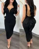 Jesienne rozchodnie sexy imprezowe sukienki Kobiety zanurzające się w szyi bez rękawów bez pleców Bowknot Ruffles tył bodycon midi sukienka