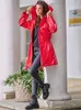 Women s Trench Coats Shiny Patent Leather Parka for Women Hood Overcoat with Pocket Faux Latex Long Sleeve Jacket Button PVC Raincoat Custom 231202