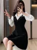 Casual Dresses Autumn Winter Black Patchwork White Long Sleeve Midi Dress Women Elegant Polo Collar Shirt 2023 Korean BodyCon Party