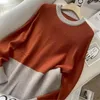 ワークドレス女性Oネックセータースカートスーツ秋のオレンジ色のヒット色の編みゆるいプルオーバー高品質Aラインスカート2ピースセット