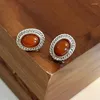 Stud Earrings Vintage Green Brown Crystal Oval For Women 2023 Autumn Winter Retro Court Style Metal Geometric Jewelry