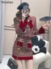 Robe de deux pièces automne hiver élégant tweed jupe à carreaux ensembles femmes doux chic perle arc vestes en laine mini jupes costume coréen tenues féminines 231201