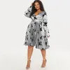 Plus size vestidos outono moda vestido estampado feminino sexy com decote em v manga longa cintura alta plissado elegante commuter