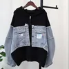 Malhas femininas Hsa 2023 outono inverno mulheres camisola com capuz e denim retalhos cardigans manga longa grossa quente zíper ponto coreano preto