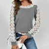 Camicette da donna Camicetta con decorazione in pizzo cavo Patchwork Pullover di colore Top O-Collo Splicing Loose Fit Maglia Streetwear