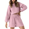 Survêtements pour femmes Printemps Mode Gaufre Deux Pièces Ensemble Lâche Couleurs Solides Col Rond Haut Court Casual Taille Élastique Poche Short Costume