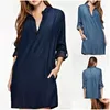 Grundlegende Freizeitkleider Denim-Kleid für Frauen 2022 Herbst Blau V-Ausschnitt Langarm Mini Plus Size Washed Shirt Vestidos Drop Lieferung Appa Dhzac