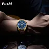 Armbandsur Poshi Luxury Quartz Watches Waterproof Calendar Wrist Watch for Men Leather Strap Green Dial Sport Man Clock Relogio Original