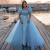 Party Dresses Light Sky Blue Elegant Modest Evening Wear Dresse Dubai Arabiska stropplösa paljetter Backless Formal Dress Prom Clows Celebrity