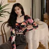 Women's T Shirts Floral Mesh Long Sleeved Female Slim Fitting Square Neck Tops Early Spring Autumn Perspective Bottom T-shirts