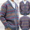 Ternos masculinos casuais de malha com estampa gráfica, casaco cardigã jaqueta blazer suéter cor cinza botões fechamento outono inverno outwear