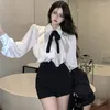 Kvinnors blusar Chiffon Women 2023 Camisas de Mujer Loose Temperament Ladies Tops Ruffles Sweet Bow White Blue Korean Vintage Shirt