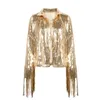 Kvinnorjackor harajuku unisex paljett fransad dansföreställning bomber jacka pärlstav cardigan kappa höst silver guld glänsande tofsar