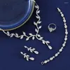 Necklace Earrings Set Luxury Rhinestone Bride 4pcs For Women Leaves Choker Ring Bracelet Wedding Dress Bridal Fashion