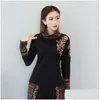 Vêtements ethniques Style chinois Femmes Vêtements 2021 Automne Rétro Broderie Coton Blouse Noir Hanfu Dames Tops 11984 Drop Delivery App Dhvid