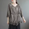 Women's Blouses Retro Ethnic Style Hollow Embroidery Asymmetrical Cotton Linen Tunic Ladies Tops Summer Womens Casual V Neck Loose Solid
