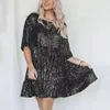 Vestidos casuais curto flowy lantejoulas vestido mulheres espumante glitter mini patchwork design solto hem meia mangas para mulheres