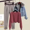 Women's Two Piece Pants Winter Plush Thickened Wool Collar Denim Jacket Knitting Sweater Flocking Casual Trousers Three Elegant Suit 231201