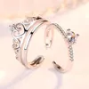 Anéis de casamento clássico brilhante cristal casal micro coroa cz pedra abertura anel banda romântico dia dos namorados presente