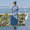 Party Dresses Casual Denim Women Skinny Vintage Long Summer Elegance Thin Bubble Sleeve Shirt French Dress Korean Blue Female