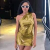 Casual Dresses Sexy Metallic One Shoulder Skew Neck Bodycon Mini Dress Women Sleeveless Backless Elastric Nightclub Party Prom Wrap Short