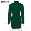 Urban Sexy Dresses CM.YAYA Women Fashion Long Sleeve Seersucker Turtleneck Drawstring Lace Up Cutout Waist Bodycon Midi Stretch Dress Vestidos T231202