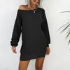 Casual Dresses Elegant Off Shoulder Knitted Mini Dress Lantern Sleeve Ribbed Sweater Women Autumn Winter Chunky Pullovers Robe