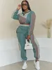 Women's Two Piece Pants Color Block Patchwork Tracksuit Women Set Sporty Suits Cropped Sweatshirt Top Sweatpants Matching Sets Casual