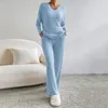 Pantaloni a due pezzi da donna Pigiama lavorato a maglia a coste Set invernale Maglione lavorato a maglia Elegante scollo a V Vestibilità ampia Vita elastica per l'autunno/inverno