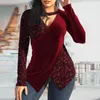 Blusas femininas brilhantes lantejoulas emenda topos cruz blusa irregular lantejoulas decote em v halter manga longa para outono/inverno