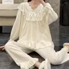 Pyjama Sexy en dentelle à manches longues pour femmes, vêtements de nuit en pur coton, Style princesse, vêtements de maison décontractés pour étudiantes, printemps et automne