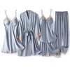 Women's Sleepwear Pajamas Five Piece Sleep Set Lace Bathrobe Nightgown Loungewear Women Cami Shorts Trouser PJS Suit Satin Lingerie 231201