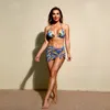 2024 Bikini Lace Up Three Piece Set Print Collection Blue Yellow Circle Wrapped Bottom kjol Baddräkt Kvinnor