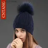 Beanie/Skull Caps Women Double Deck Knitted Wool Hat Winter Natural Raccoon Fur Warm Cs Female Pom Hats Ladies Fashion Skullies Beanies CL231202