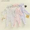 Kleidungssets 0-9M Neugeborenes Baby Mädchen Kleidung Rüschen Baby Sleeper Reißverschluss Footie Strick Strampler Spielanzug Overall mit Stirnband Outfit 2 StückL231202