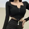 Women's Knits Sexy Girl Low-Cut Crop Tops Women Fashion Irregular Zipper Thin Cardigan Woman Korean Summer Long Sleeve T-Shirts