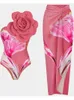 Damen-Bademode, rosa, One-Shoulder-Rüschendruck, Blumen-Badeanzug-Set, vertuschen, einteilig, Mikro-Monokini, sexy, für Mädchen, Sommer, Strand