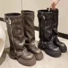 ブーツブランドDesinger Knight Women Mid Calf Y High Heeled Platform Punk Motorcycle Long Booties Goth Street Shoes for 231201