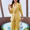 Calças de duas peças femininas 2023 primavera feminino elegante rosa amarelo flares terno blazer calças jaqueta de negócios senhora do escritório 2 peças conjunto S-4XL